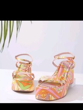 Psychedelic Floral Platform Wedge Sandals Multicolor Size 7.5